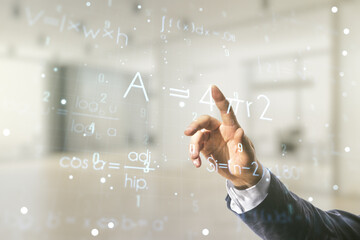 Poster - Man hand working with abstract scientific formula hologram on blurred office background. Multiexposure