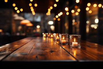 Wood table floor with empty space for showing products with blurred backgrounds.