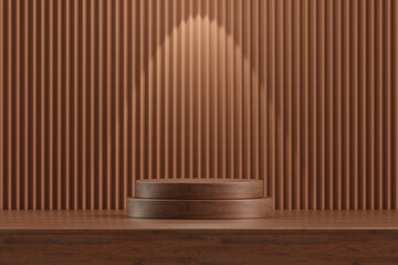 Wall Mural - Luxury wood 3d backdrop presentation podium display platform modern background with minimal empty pedestal wooden stage counter desktop shelf premium table natural advertising product cosmetic banner.