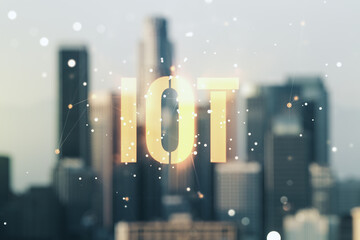 Poster - Abstract virtual IOT hologram on blurry skyline background. Multiexposure