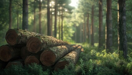 Wall Mural - Close-up shot of freshly cut trees in a dense forest, depicting the impact of deforestation.