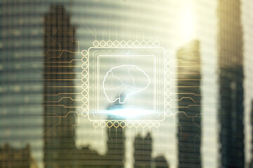 Poster - Double exposure of creative artificial Intelligence interface on modern skyscrapers background. Neural networks and machine learning concept