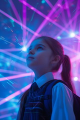 Wall Mural - a school-age girl child in private school uniform learning in a futuristic setting looking with visionary eye gaze smile thinking about the world, with cool laser lights flowing above h- Generative AI