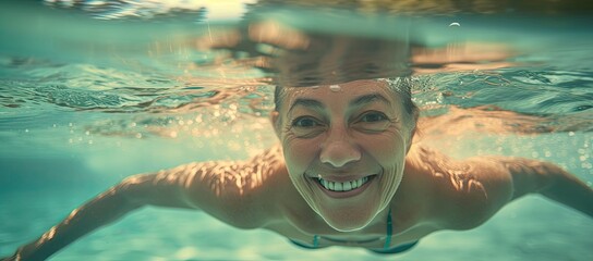 Wall Mural - Close-up shot capturing the joyous expression of a young woman swimming gracefully in vibrant blue waters.