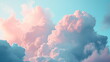 Blue sky and pinkish clouds. A majestic sky landscape filled with clouds. Cotton candy-like clouds. Scenery above the clouds. Generative AI
