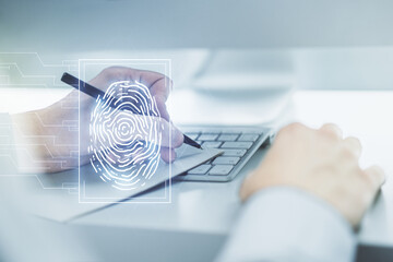 Aufkleber - Abstract creative fingerprint concept with hand writing in notebook on background with laptop. Multiexposure