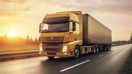 Transport Container Truck running on the highway at sunset moving with blurred motion as concept export import logistics and cargo transportation industry