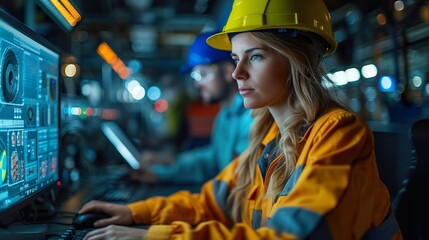 Wall Mural - Factory female worker. Engineer woman worker with laptop working in plant production checking and testing machine in smart factory