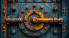 Close-up Of A Vintage Safe Door With A Large Central Handle And Rusted Bolts.
