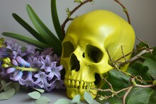 Bright Yellow Skull Entwined With Ivy And Hyacinths