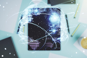 Poster - Abstract graphic digital world map with connections and modern digital tablet on desktop on background, top view, globalization concept. Multiexposure