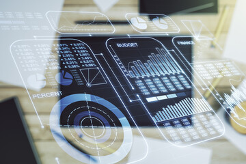 Poster - Double exposure of abstract creative statistics data hologram and digital tablet on background, top view, statistics and analytics concept