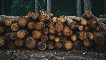 Wall Mural - Cut trees in a forest captured in close-up, symbolizing the ecological consequences of human intervention.