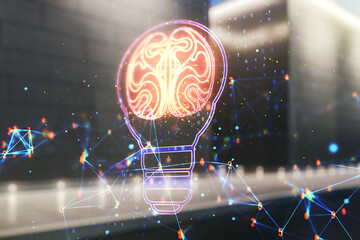 Poster - Abstract virtual idea concept with light bulb and human brain illustration on blurry modern office building background. Neural networks and machine learning concept. Multiexposure