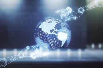 Aufkleber - Abstract virtual robotics technology sketch with globe on contemporary business center exterior background, future technology and AI concept. Double exposure