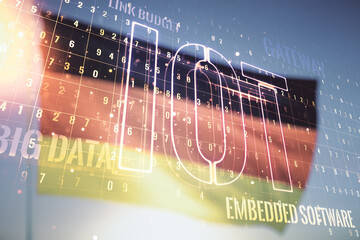 Poster - Creative IOT illustration on German flag and sunset sky background, future technology concept. Multiexposure