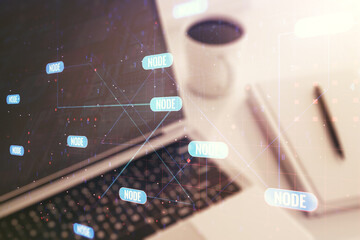 Poster - Abstract creative coding concept on modern laptop background. Multiexposure