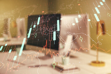 Aufkleber - Multi exposure of abstract creative financial chart with world map on laptop background, research and analytics concept