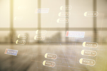 Aufkleber - Double exposure of abstract creative programming illustration on empty room interior background, big data and blockchain concept