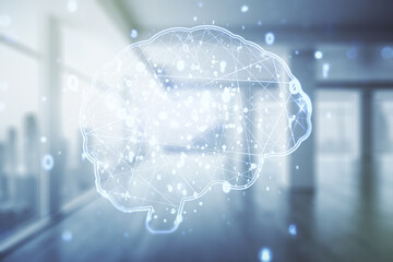 Aufkleber - Virtual creative artificial Intelligence hologram with human brain sketch on empty corporate office background. Multiexposure