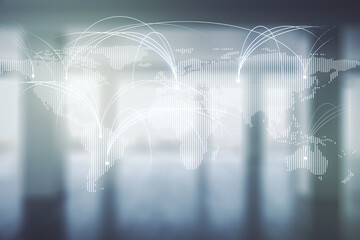 Poster - Double exposure of abstract digital world map hologram with connections on empty modern office background, research and strategy concept