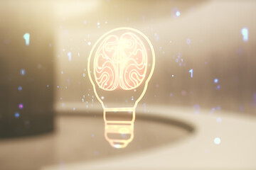Poster - Double exposure of abstract virtual creative light bulb hologram with human brain on empty modern office background, idea and brainstorming concept