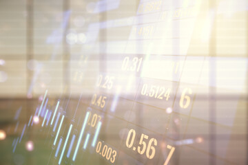 Aufkleber - Multi exposure of virtual abstract financial diagram on abstract empty interior background, banking and accounting concept