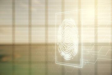 Aufkleber - Double exposure of virtual creative fingerprint hologram on empty room interior background, protection of personal information concept
