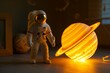 astronaut figurine beside a glowing saturn lamp in dim light