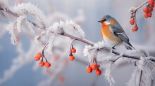 Small Colorful Bird Perched On A Persimmon Tree Branch Covered In Contrasting Icy Colors And Large Soft Fruits Created With Generative AI Technology