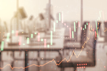 Poster - Multi exposure of virtual creative financial graph and world map on a modern furnished office background, forex and investment concept
