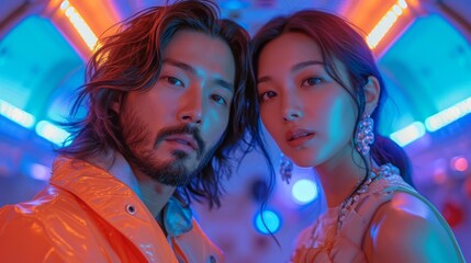 Korean man and woman model wearing fashion cloth standing in the spaceship, 80s retro style, Generative AI