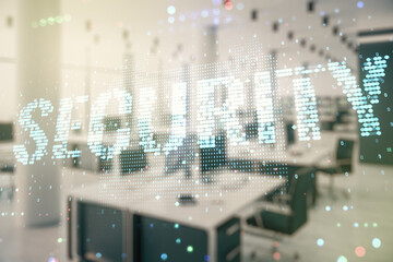 Poster - Virtual cyber security creative concept on a modern furnished office background. Double exposure