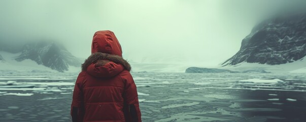 back view of people standing alone at the sea coast, north pole, travel and explorer, generative ai