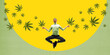 © master1305 - Young man flying in meditating yoga pose over background with cannabis leaves. Calmness and relaxation. Conceptual design. Concept of medical cannabis, medicine, treatment, pain killer