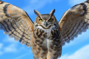 Poster - owl with wings spread open, directly facing camera against blue sky