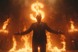 Close-up of a businessman in a suit with a flaming dollar sign on a dark background. Concept of volute, deposits and loans.