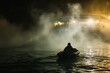 person in dinghy escaping from smoky ship at night