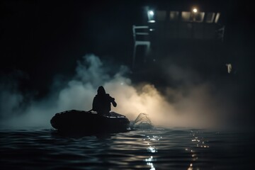 person in dinghy escaping from smoky ship at night