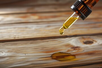 Poster - essential oil dropper with copious space on wooden surface