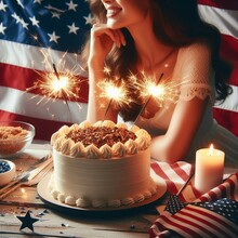 3D Cake With American Flag And Sparklers, Celebrating 4th Of July, Independence Day, And Presidents Day. Enjoy Cupcakes With Cream Icing And Colorful Sprinkles.