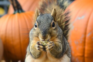 Poster - close focus on squirrels muzzle while eating pumpkin seed