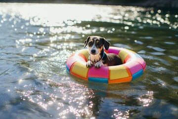 Wall Mural - dog perched in a colorful swimming ring in a sparkling lake