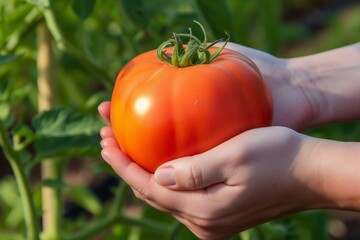 Sticker - hands holding a ripe tomato with a garden background