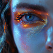 Auge Make up einer Frau in fantastischer Glitzer Dekoration Visagistik Nahaufnahme, ai generativ