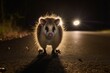 opossum frozen in headlights on a dark suburban road