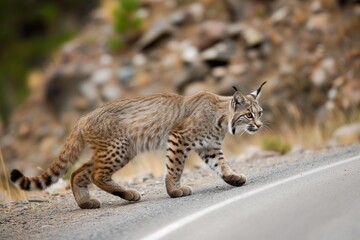 Poster - bobcat cautiously crossing a road by a rocky hillside