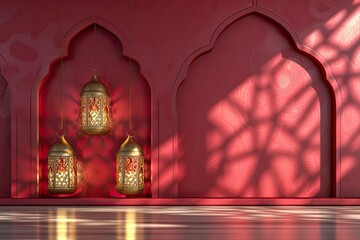 Wall Mural -  beautiful maroon arabian ornament wallpapers with islamic lantern illustration and light