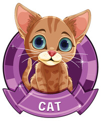 Sticker - Cute brown tabby kitten inside a purple emblem