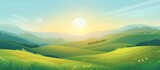 Fototapeta  - Illustration green fields, green hills, dawn landscape in bright blue sky, background. AI generated